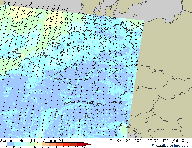 Surface wind (bft) Arome 01 Út 04.06.2024 07 UTC