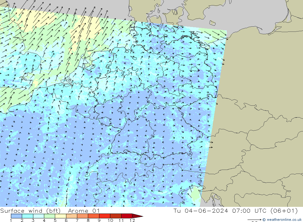 Bodenwind (bft) Arome 01 Di 04.06.2024 07 UTC