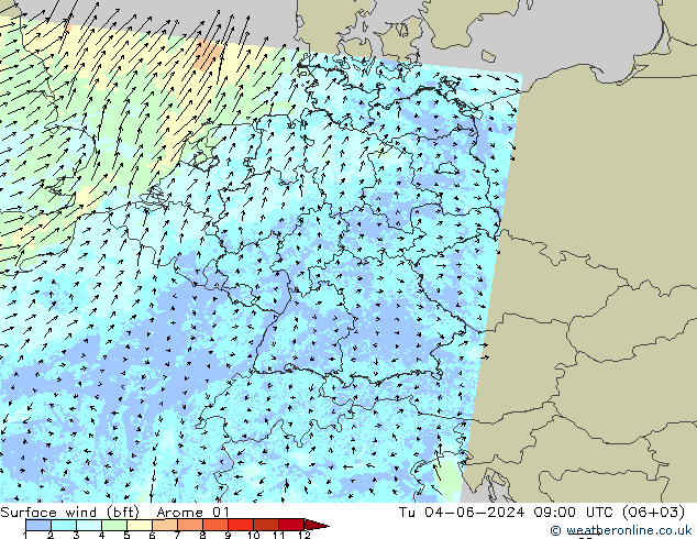 Surface wind (bft) Arome 01 Út 04.06.2024 09 UTC