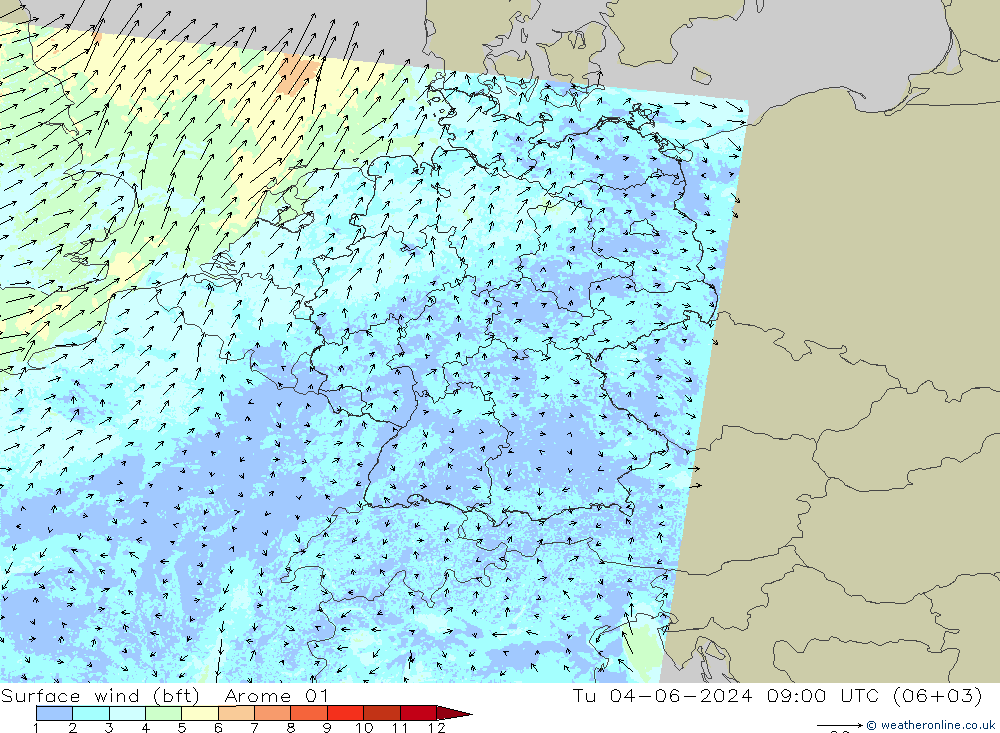 Surface wind (bft) Arome 01 Tu 04.06.2024 09 UTC