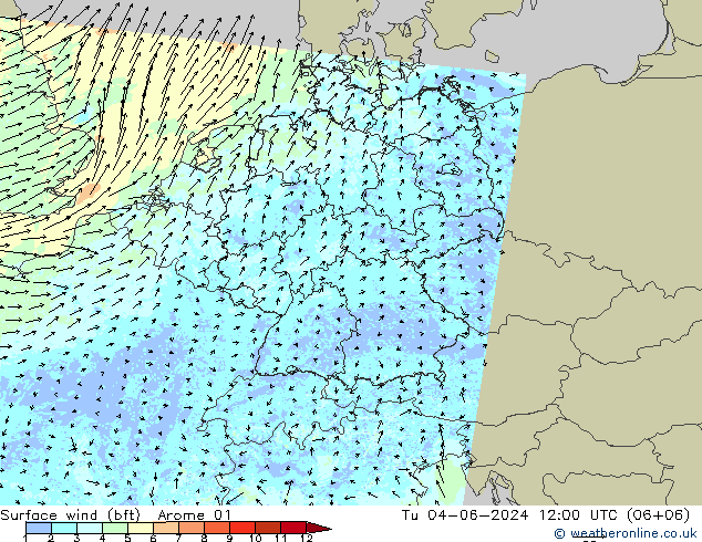 Surface wind (bft) Arome 01 Tu 04.06.2024 12 UTC