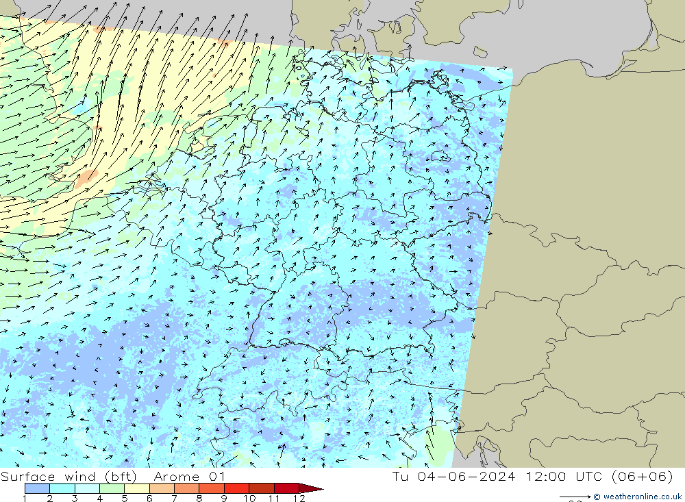 Bodenwind (bft) Arome 01 Di 04.06.2024 12 UTC