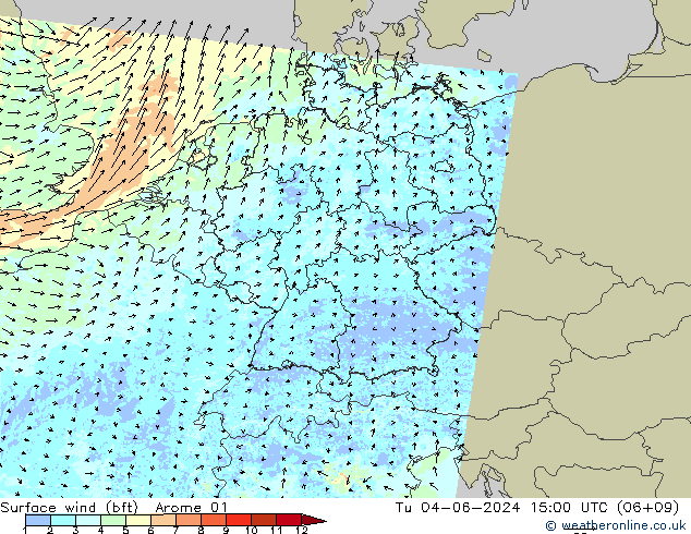 Rüzgar 10 m (bft) Arome 01 Sa 04.06.2024 15 UTC