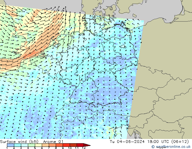 Rüzgar 10 m (bft) Arome 01 Sa 04.06.2024 18 UTC