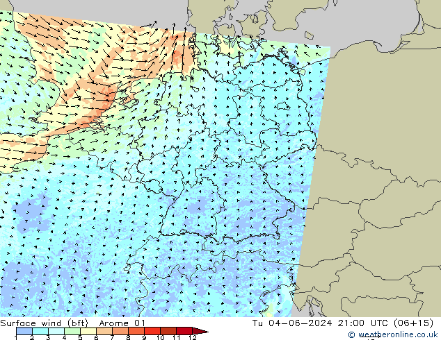 Rüzgar 10 m (bft) Arome 01 Sa 04.06.2024 21 UTC