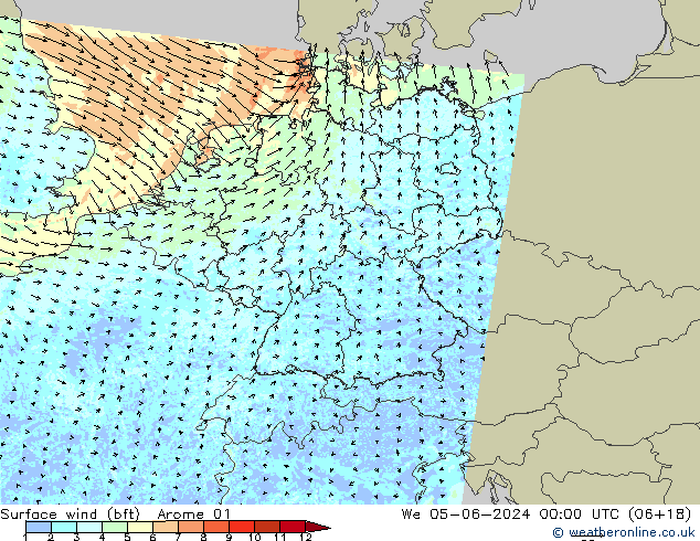 Surface wind (bft) Arome 01 We 05.06.2024 00 UTC