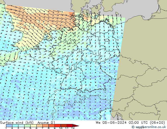 Vento 10 m (bft) Arome 01 Qua 05.06.2024 02 UTC