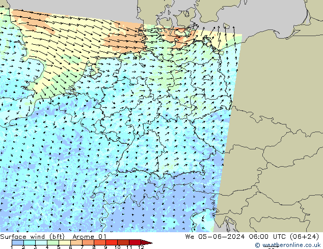 �N 10 米 (bft) Arome 01 星期三 05.06.2024 06 UTC