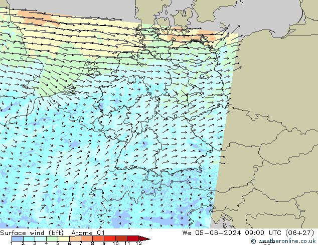  10 m (bft) Arome 01  05.06.2024 09 UTC