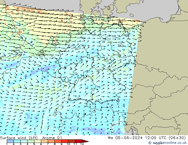 Vento 10 m (bft) Arome 01 mer 05.06.2024 12 UTC