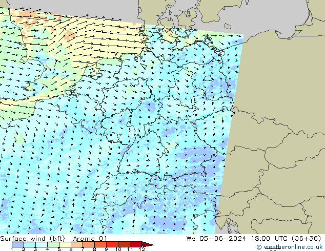 Viento 10 m (bft) Arome 01 mié 05.06.2024 18 UTC