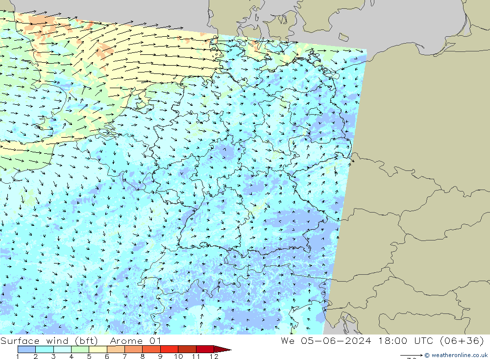 wiatr 10 m (bft) Arome 01 śro. 05.06.2024 18 UTC