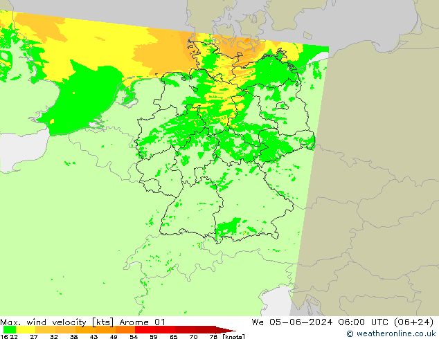 Max. wind velocity Arome 01 星期三 05.06.2024 06 UTC