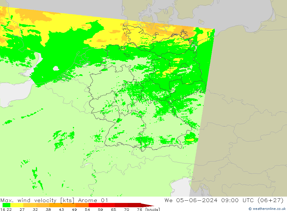 Max. wind velocity Arome 01 śro. 05.06.2024 09 UTC