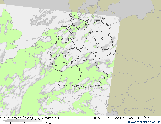 Cloud cover (high) Arome 01 Tu 04.06.2024 07 UTC