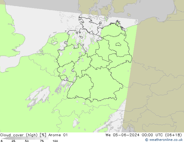 Cloud cover (high) Arome 01 We 05.06.2024 00 UTC