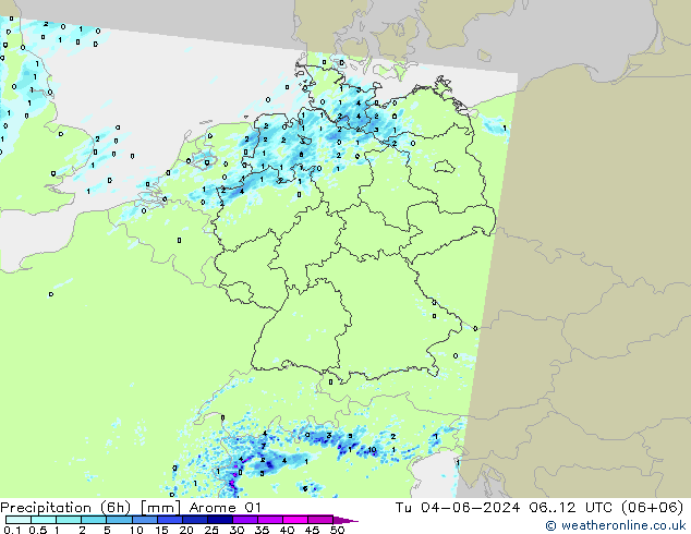 Precipitation (6h) Arome 01 Út 04.06.2024 12 UTC