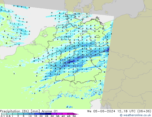 Précipitation (6h) Arome 01 mer 05.06.2024 18 UTC