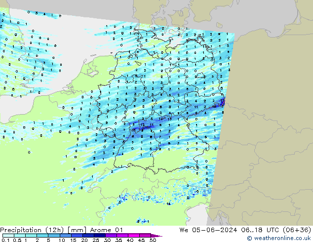 Precipitation (12h) Arome 01 We 05.06.2024 18 UTC