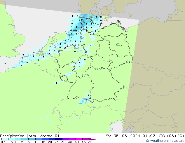 Srážky Arome 01 St 05.06.2024 02 UTC