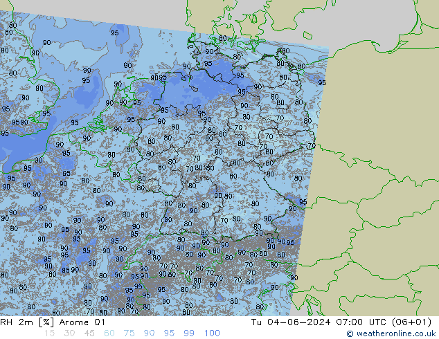 Humidité rel. 2m Arome 01 mar 04.06.2024 07 UTC