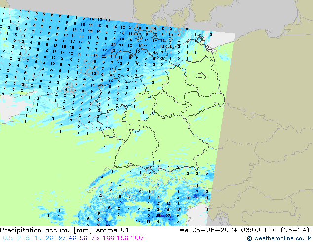 Nied. akkumuliert Arome 01 Mi 05.06.2024 06 UTC