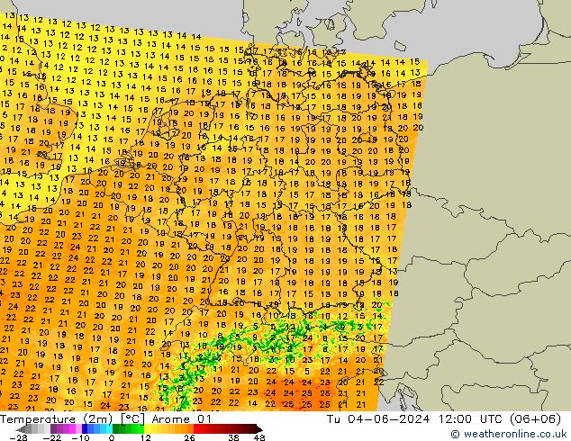 Temperatura (2m) Arome 01 mar 04.06.2024 12 UTC