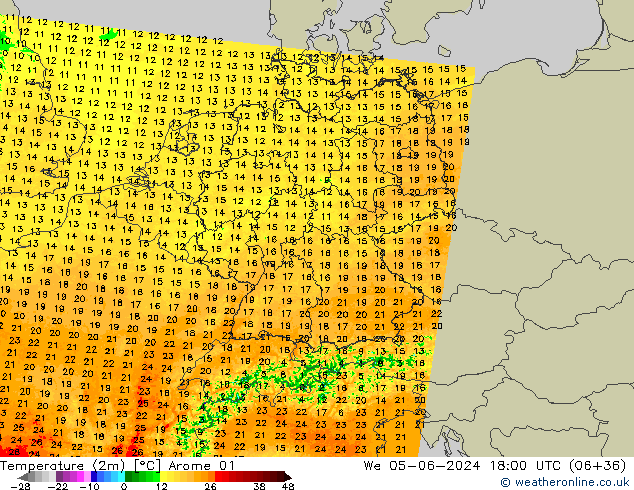 Temperatura (2m) Arome 01 Qua 05.06.2024 18 UTC