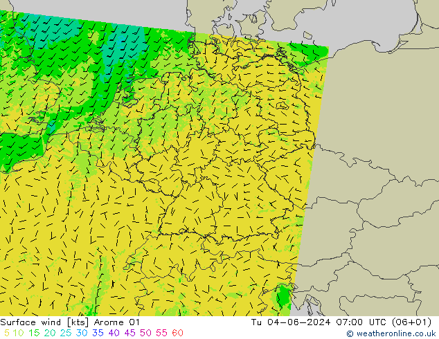 风 10 米 Arome 01 星期二 04.06.2024 07 UTC