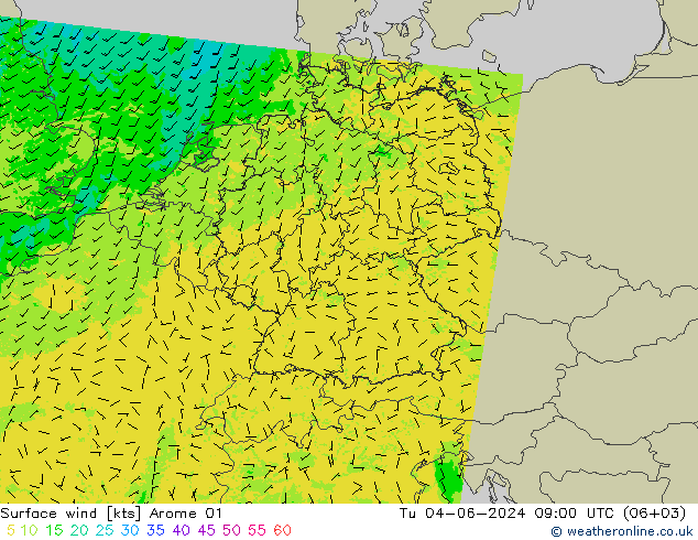 Vent 10 m Arome 01 mar 04.06.2024 09 UTC