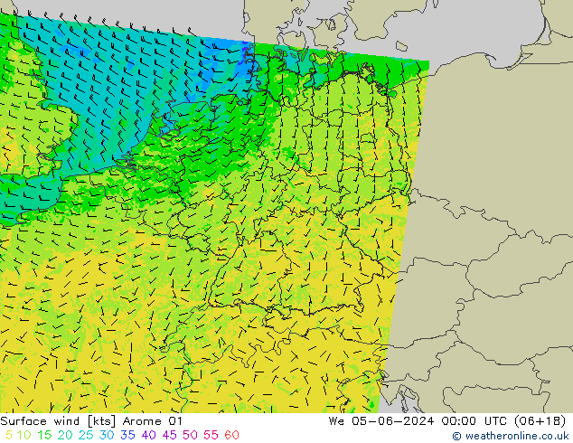 Surface wind Arome 01 We 05.06.2024 00 UTC