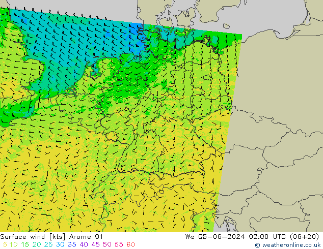 Vento 10 m Arome 01 mer 05.06.2024 02 UTC