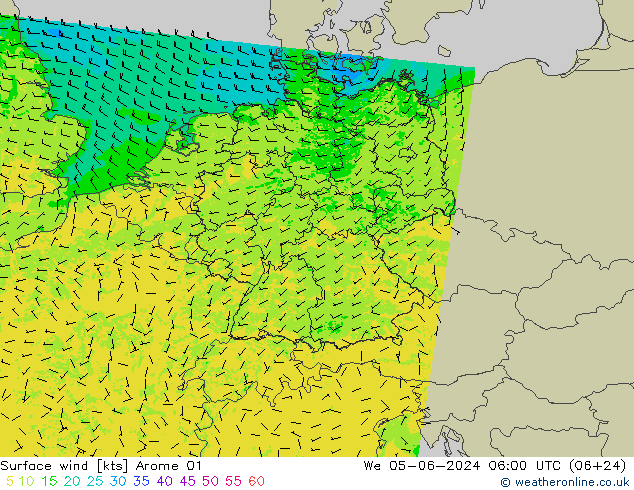 Wind 10 m Arome 01 wo 05.06.2024 06 UTC