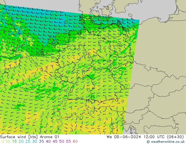 Vento 10 m Arome 01 mer 05.06.2024 12 UTC