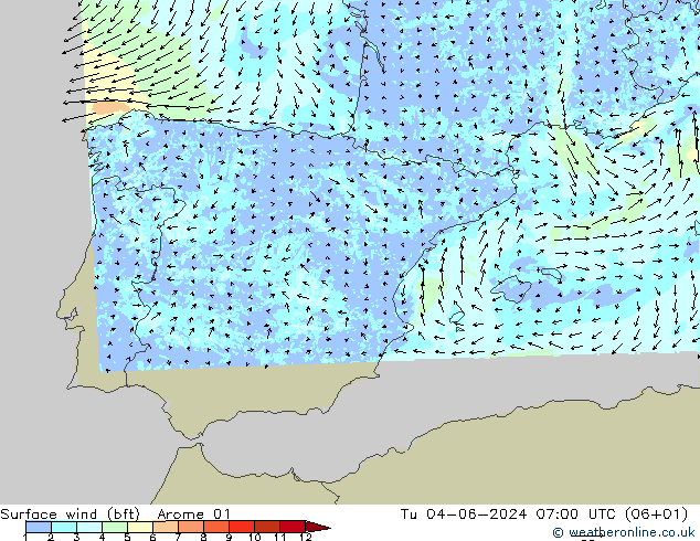 Vent 10 m (bft) Arome 01 mar 04.06.2024 07 UTC