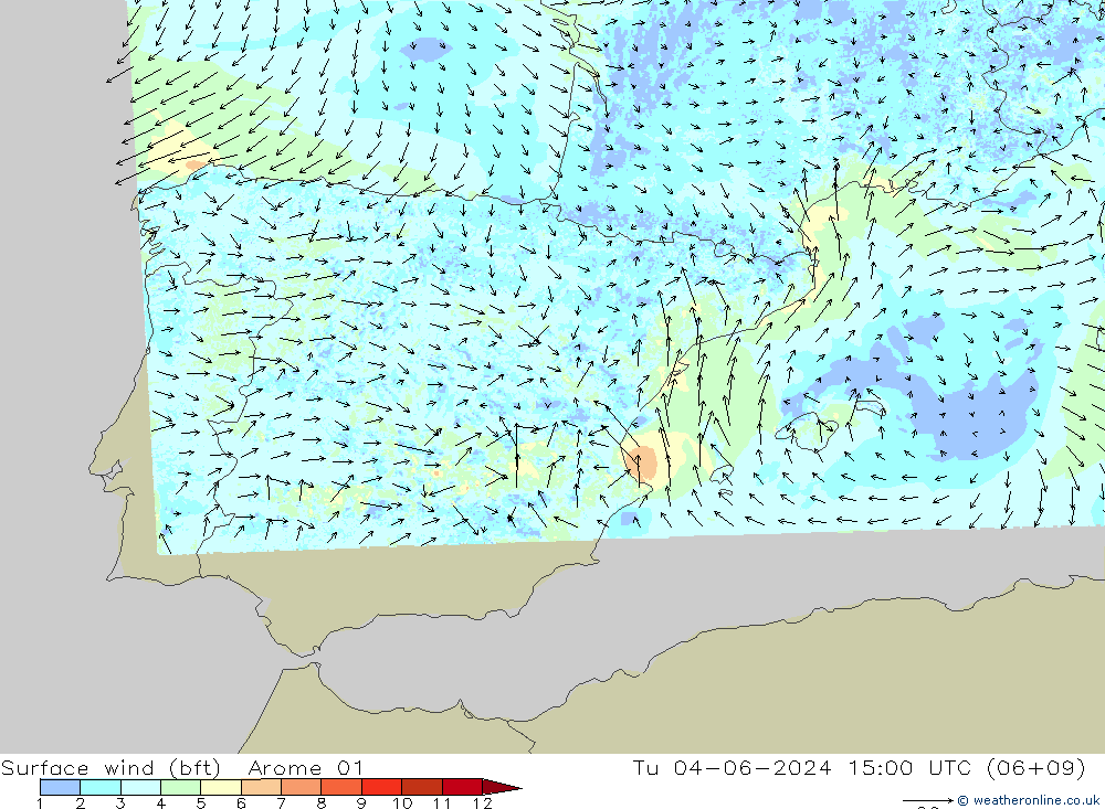 Surface wind (bft) Arome 01 Tu 04.06.2024 15 UTC