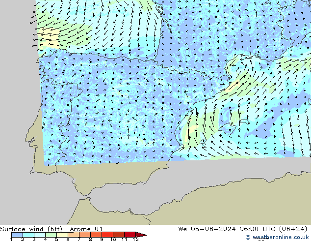 Viento 10 m (bft) Arome 01 mié 05.06.2024 06 UTC