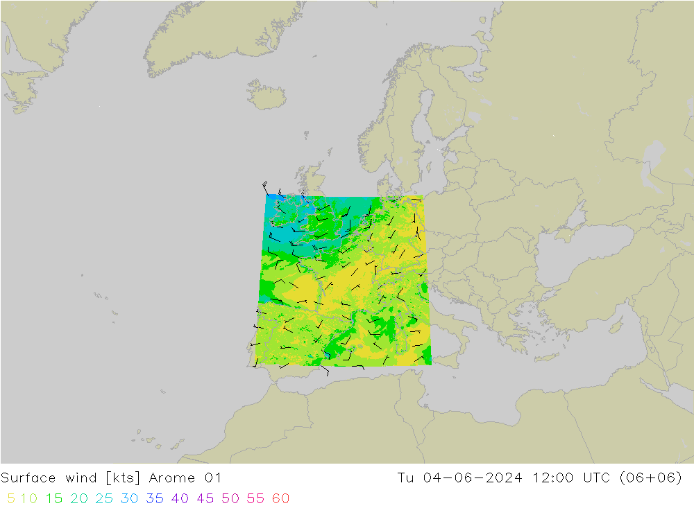 Surface wind Arome 01 Út 04.06.2024 12 UTC