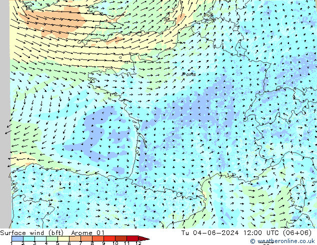 Rüzgar 10 m (bft) Arome 01 Sa 04.06.2024 12 UTC