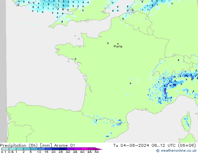 Totale neerslag (6h) Arome 01 di 04.06.2024 12 UTC