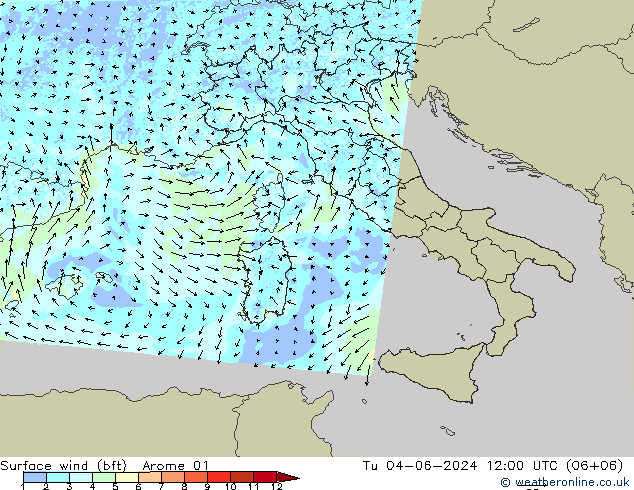 Viento 10 m (bft) Arome 01 mar 04.06.2024 12 UTC