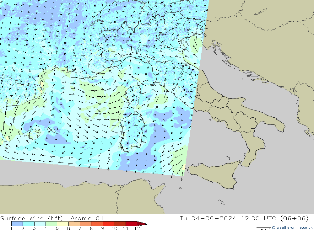 Wind 10 m (bft) Arome 01 di 04.06.2024 12 UTC