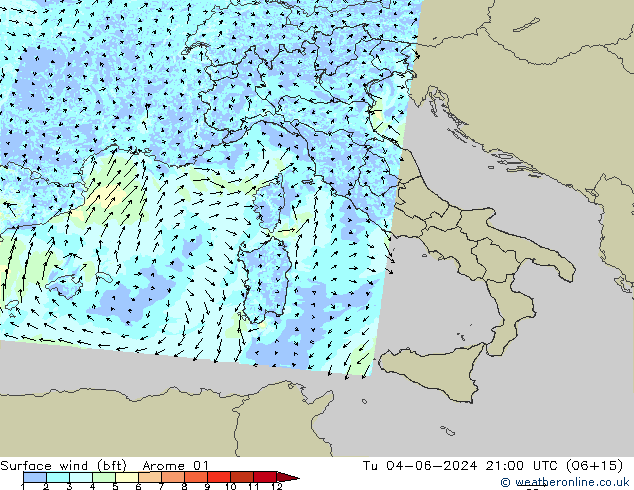 Surface wind (bft) Arome 01 Tu 04.06.2024 21 UTC