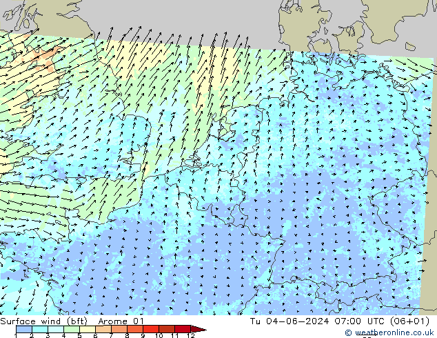 Surface wind (bft) Arome 01 Tu 04.06.2024 07 UTC