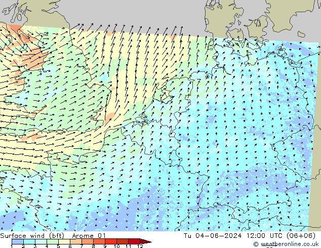 Rüzgar 10 m (bft) Arome 01 Sa 04.06.2024 12 UTC