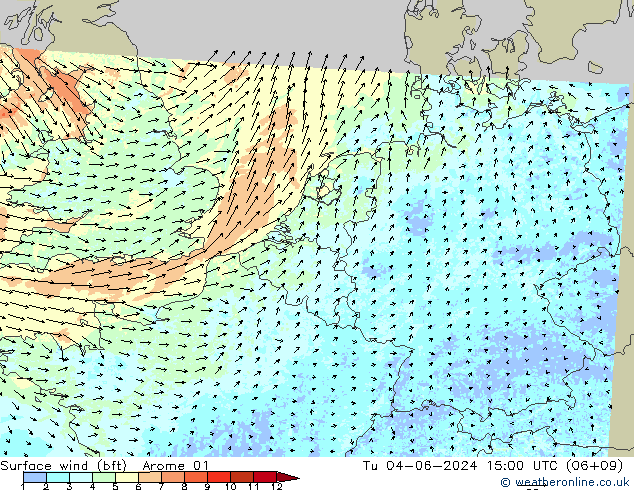 Surface wind (bft) Arome 01 Tu 04.06.2024 15 UTC