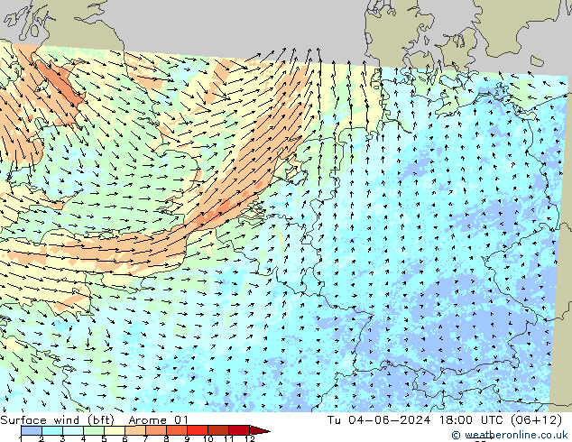 Vent 10 m (bft) Arome 01 mar 04.06.2024 18 UTC