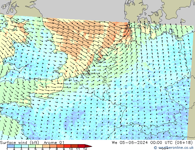 Bodenwind (bft) Arome 01 Mi 05.06.2024 00 UTC