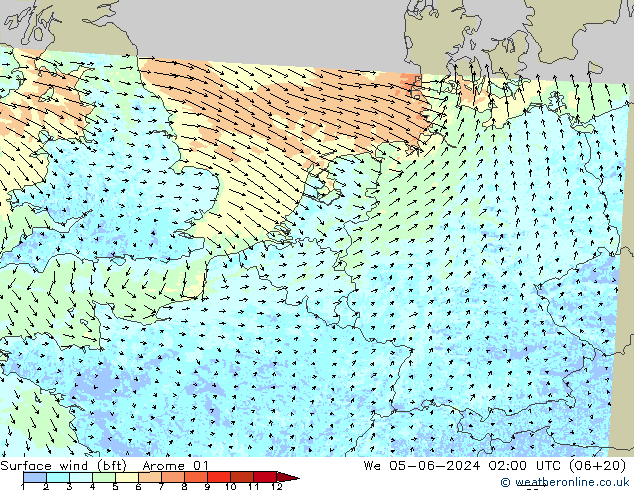 Vent 10 m (bft) Arome 01 mer 05.06.2024 02 UTC