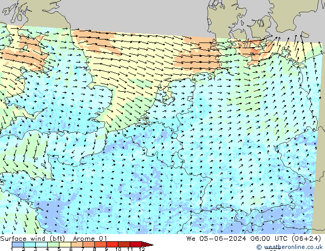 Surface wind (bft) Arome 01 We 05.06.2024 06 UTC